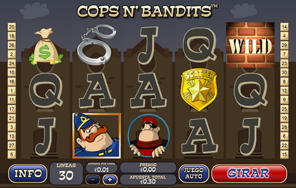 La pantalla de juego de la slot Cops N’ Bandits de Playtech. Se ven varios símbolos al azar repartidos por los carretes.