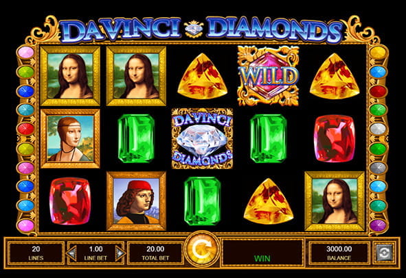 Partida a la tragaperras online Da Vinci Diamons. En la parte inferior de la pantalla se puede ver la barra de navegación. El centro lo ocupan sus diferentes símbolos: diamantes de colores amarillo, verde y rojo además de otros símbolos que representan diversos cuadros de Leonardo Da Vinci. También se muestra el símbolo principal de la tragaperras, un gran diamante blanco. 