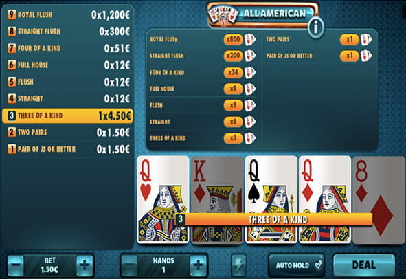 Tablero del juego vídeo póker All American.