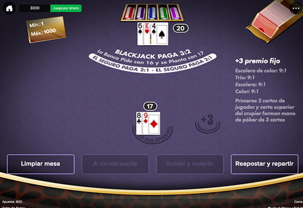 Tablero del juego de blackjack Clásico +3 para casinos online.