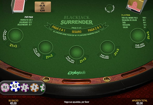 Tablero del juego de blackjack Surrender 2 para casinos online.