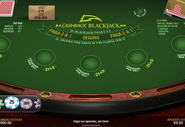 Tablero del juego de Playtech Cashback Blackjack.