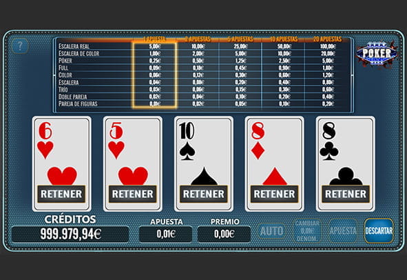 Portada del juego vídeo póker Draw Poker con cinco cartas desplegadas y el tablero con los juegos y pagos para casinos online.