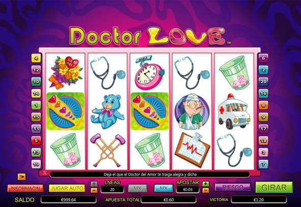 La imagen muestra la pantalla principal de la tragaperras Doctor Love.