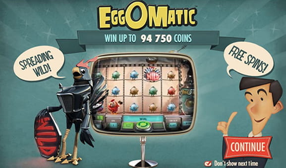 Portada del juego Eggomatic con un pájaro robot junto a un televisor retro..