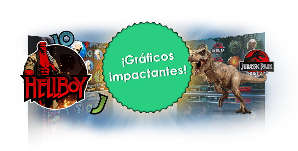 Se pueden ver las pantallas de juego de dos slots de Microgaming, Hellboy y Jurassic Park. En el centro se lee: gráficos impactantes.