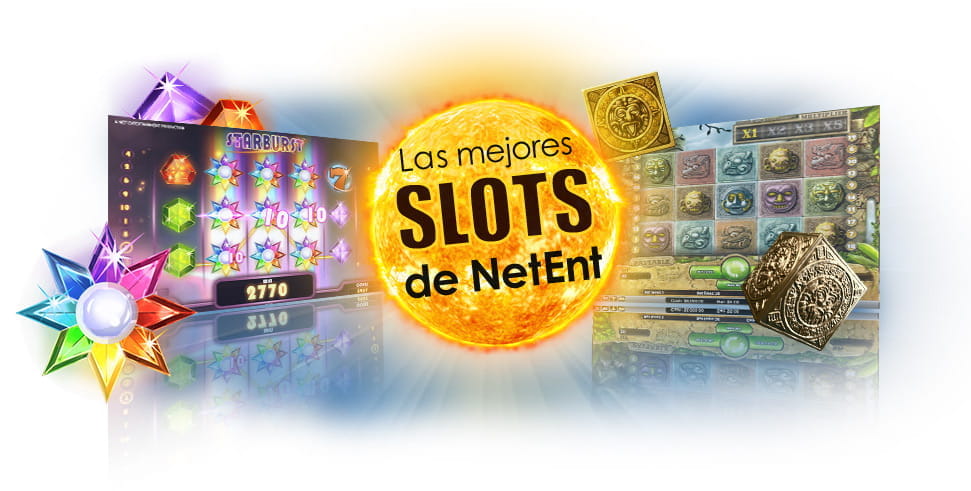 Collage con pantallas de Starburst y Gonzo´s Quest y una bola de fuego en la que se lee las mejores slots de NetEnt.