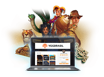 Un ordenador portátil y personajes de tragaperras de casinos online.