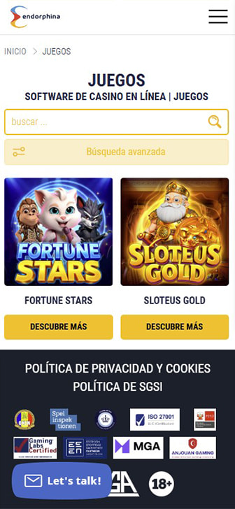Página de inicio de Endorphina con sus mejores juegos