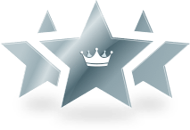 Tres estrellas de color gris. La puntas de la estrella central tapan las puntas de las otras estrellas al lado de aquella. La estrella central tiene una corona en el centro.