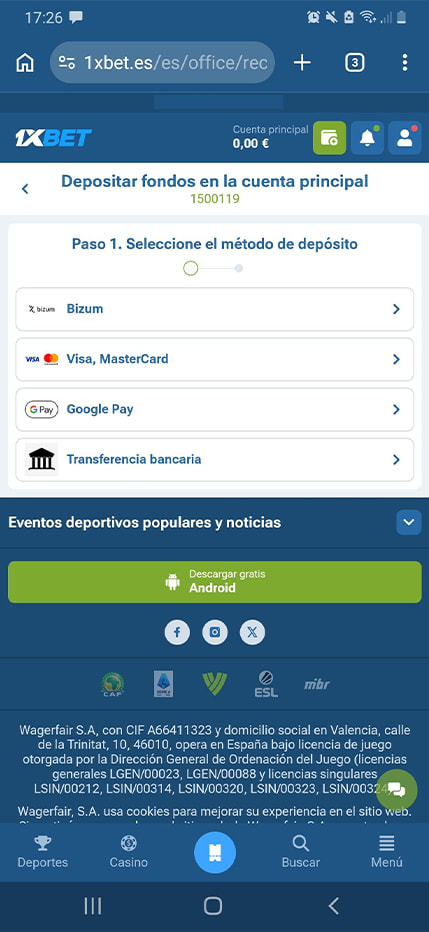 Sección de formas de pago en el casino 1xBet.