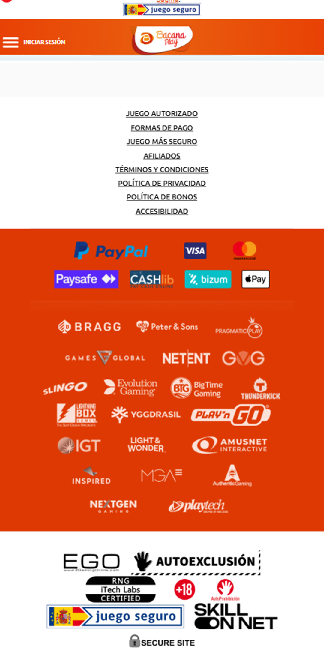 Sección de formas de pago en el casino BacanaPlay.