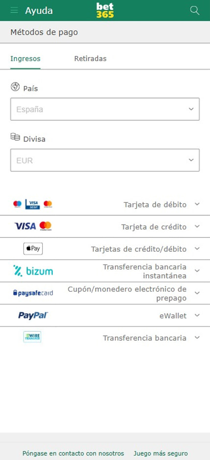Página de la sección de métodos de pago de bet365