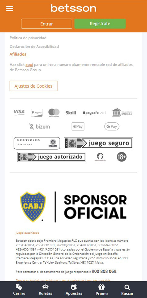 Sección de formas de pago en el casino Betsson.
