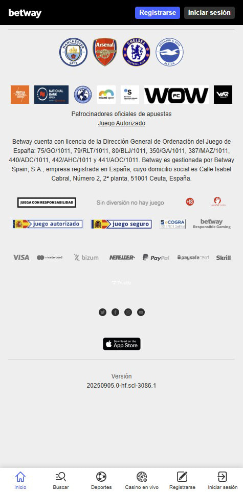 Sección de formas de pago en el casino Betway.