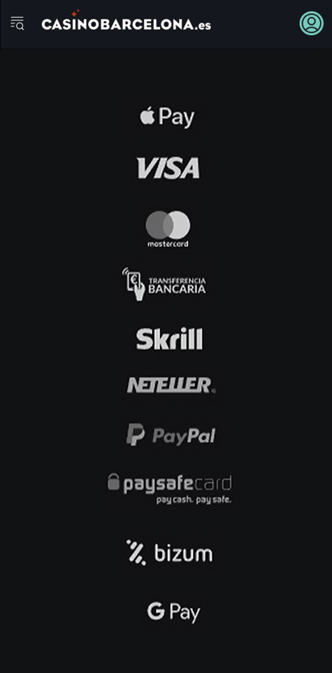 Sección de formas de pago en el casino Casino Barcelona.