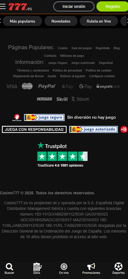 Sección de formas de pago en el Casino777.