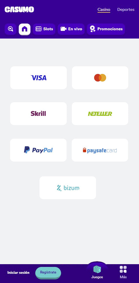 Sección de formas de pago en el casino Casumo