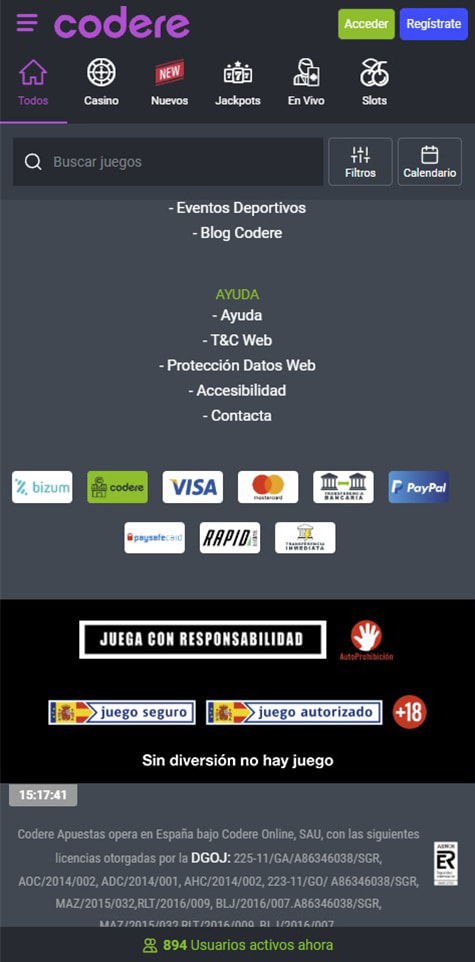 Sección de formas de pago en el casino Codere.