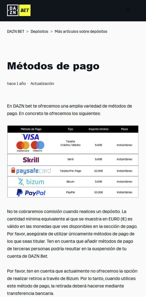 Sección de formas de pago en el casino DAZN Bet.