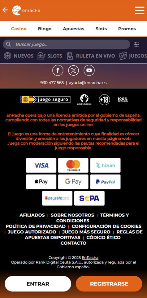 Sección de formas de pago en el casino Enracha.