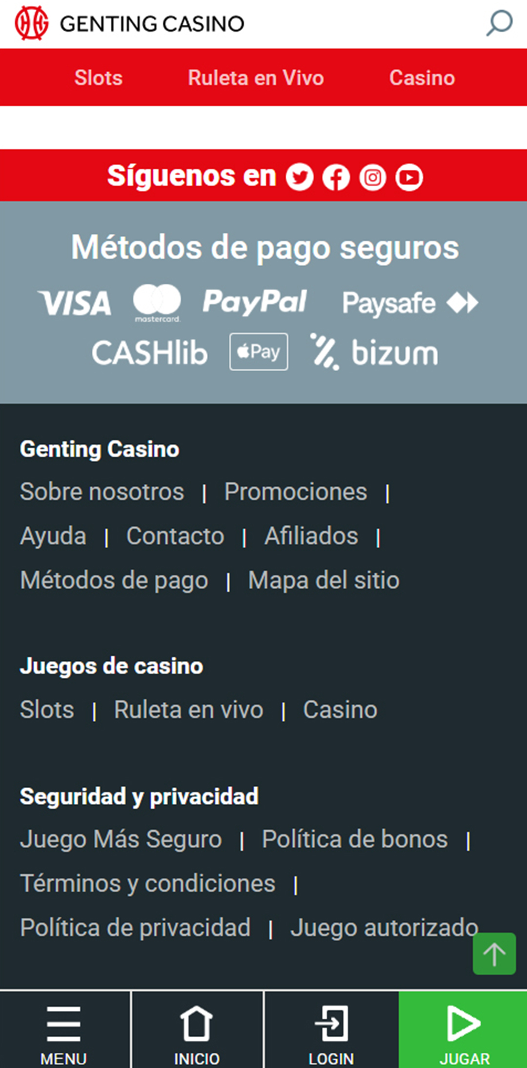 Sección de formas de pago en el casino Genting Casino.