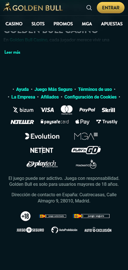 Sección de formas de pago en el Golden Bull.