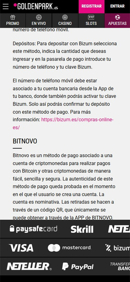 Sección de formas de pago en el casino GoldenPark.