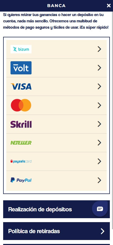Sección de formas de pago en el casino GratoGana.