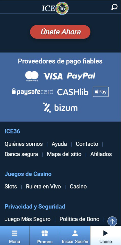 Sección de formas de pago en el casino ICE36.