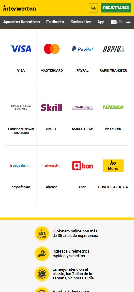 Sección de formas de pago en el casino Interwetten.