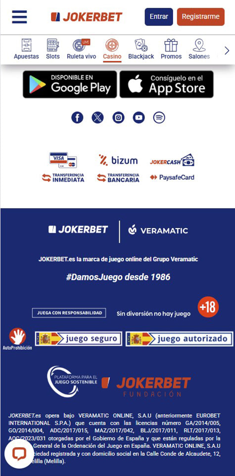 Sección de formas de pago en el JOKERBET.