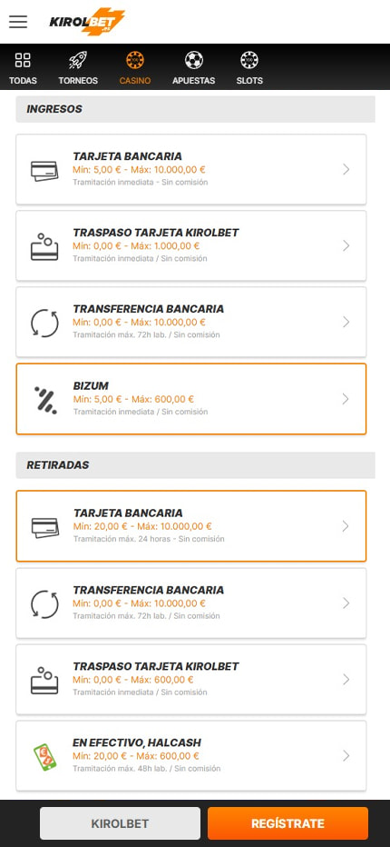 Sección de formas de pago en el casino KIROLBET.