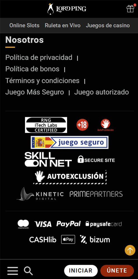 Sección de formas de pago en el casino Lord Ping.