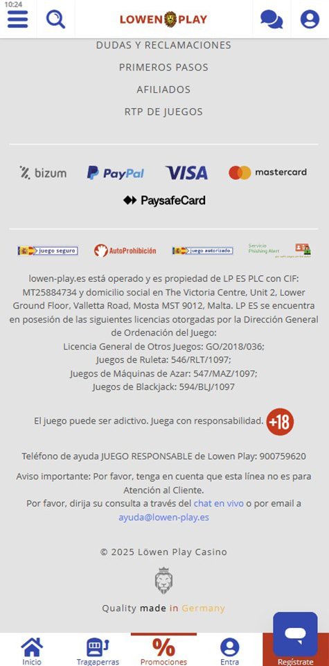 Sección de formas de pago en Lowen Play.