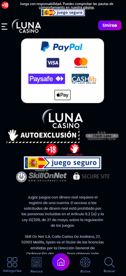 Sección de formas de pago en Luna Casino.