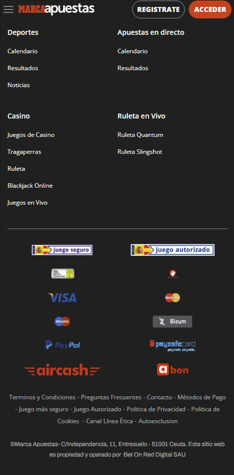 Sección de formas de pago en el casino MARCA.