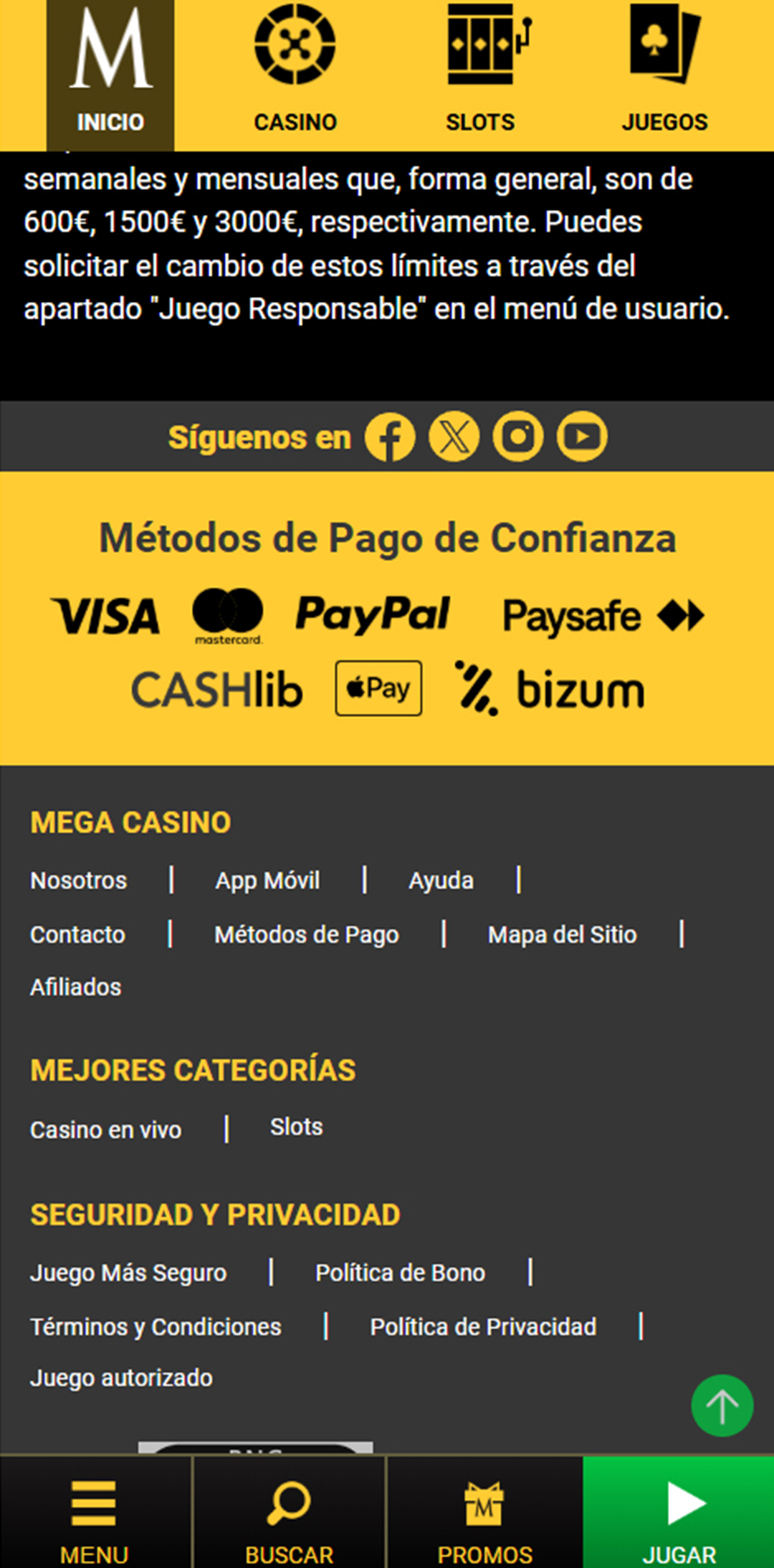 Sección de formas de pago en el casino Mega Casino.