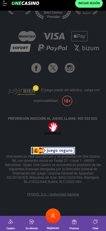 Sección de formas de pago en  OneCasino