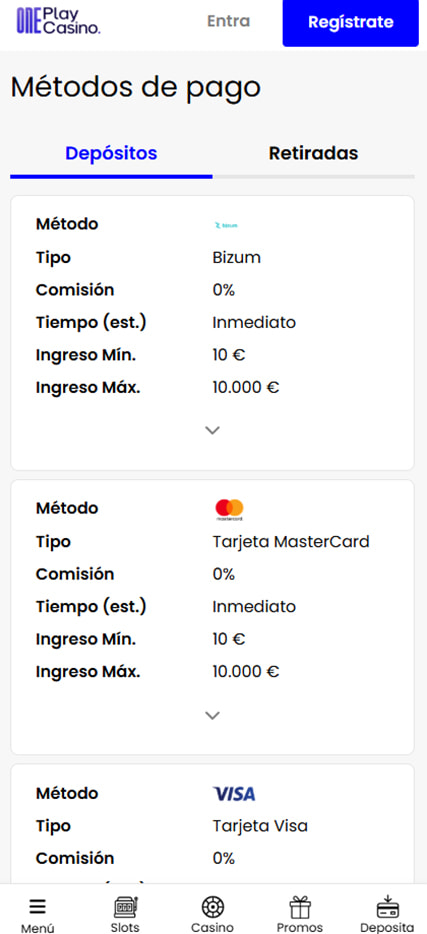 Sección de formas de pago en el casino OnePlay Casino.