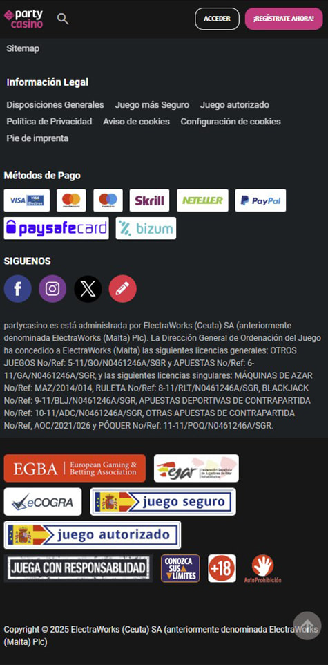 Sección de formas de pago en PartyCasino.
