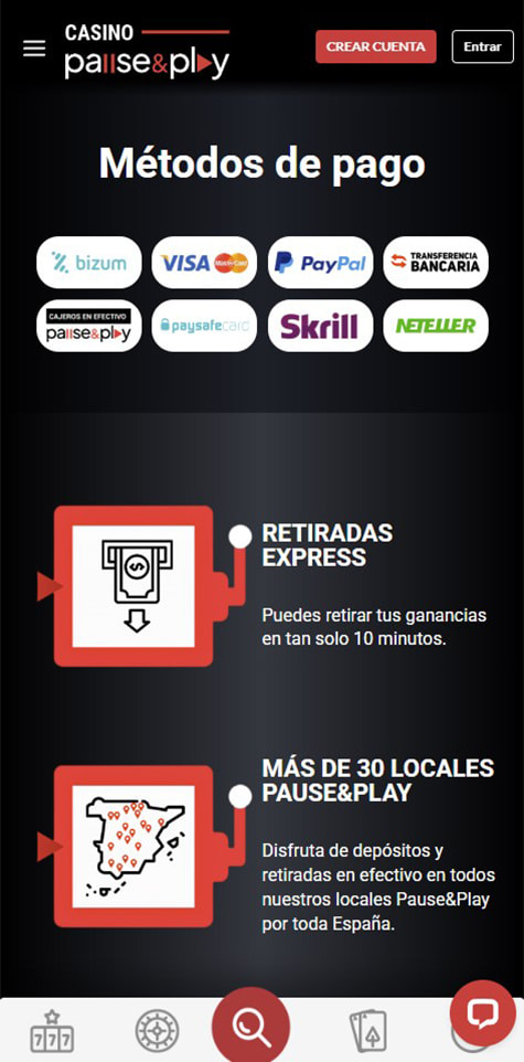 Sección de formas de pago en el casino Pause&Play.