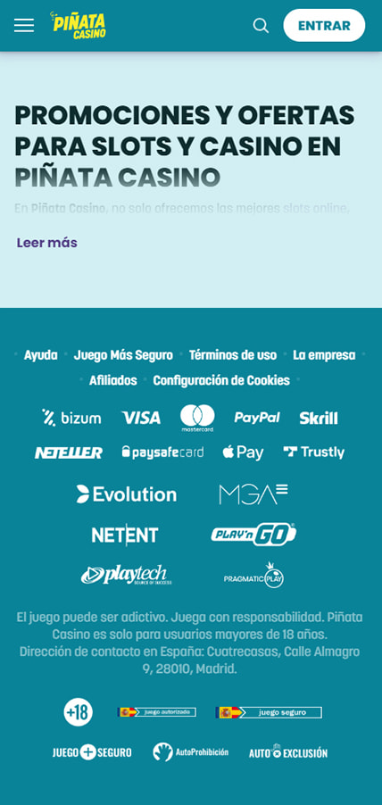 Sección de formas de pago en el casino Piñata Casino.