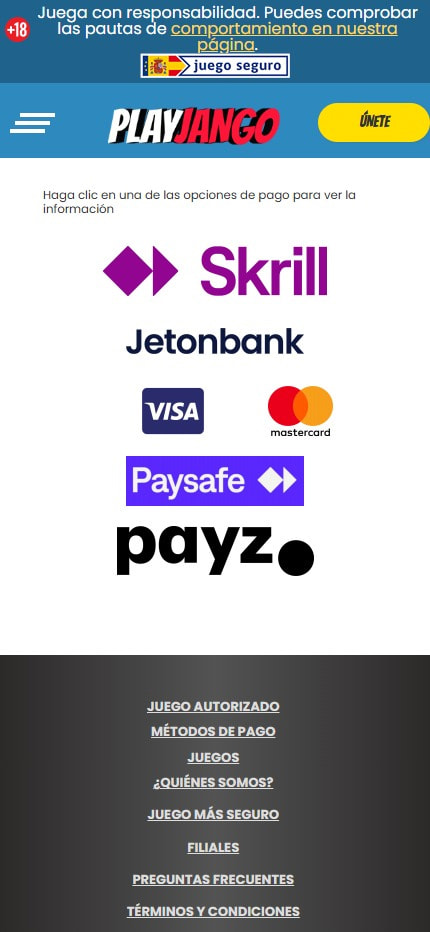 Sección de formas de pago en el casino Play Jango.