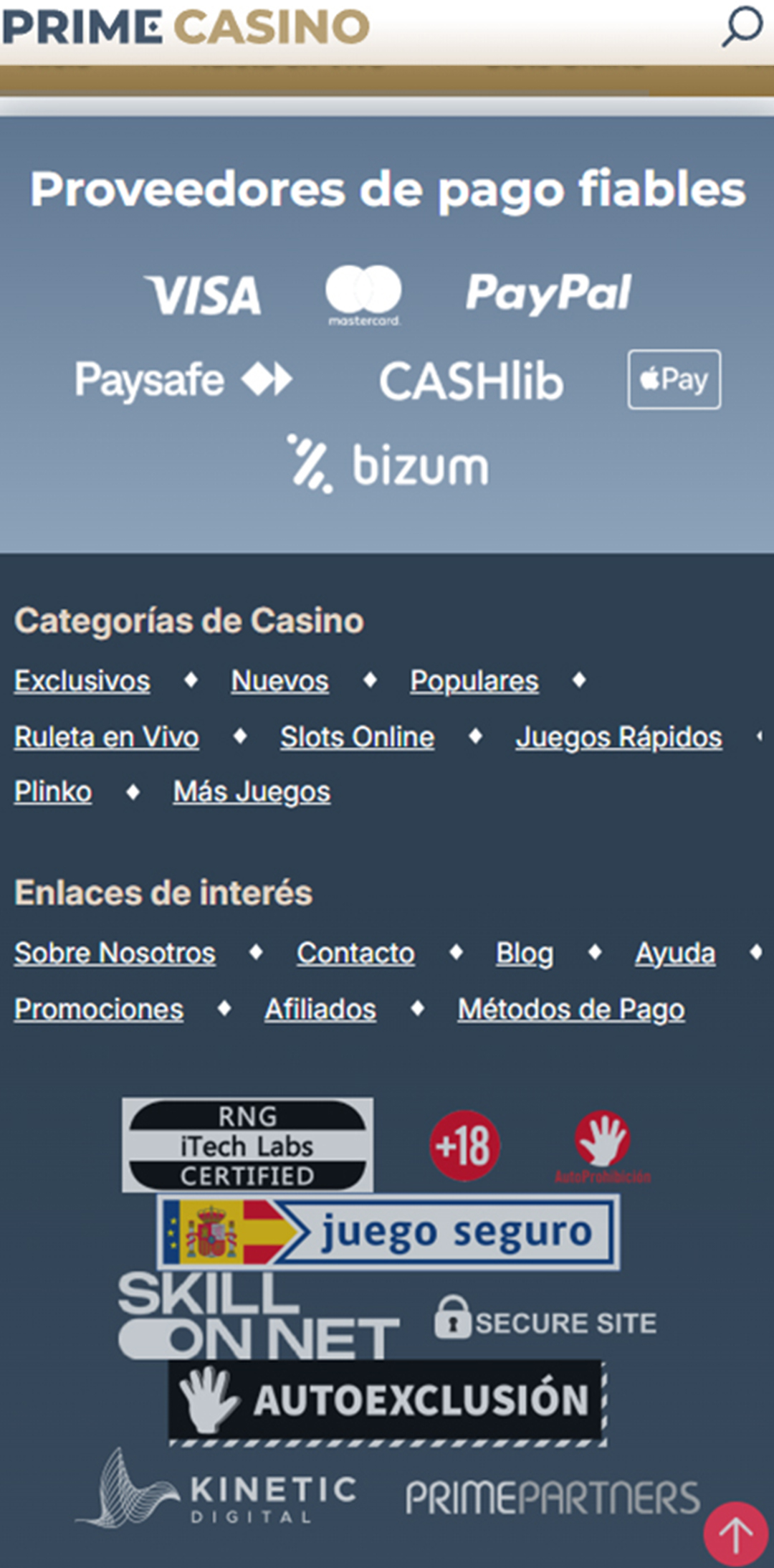 Sección de formas de pago en el casino Prime Casino.