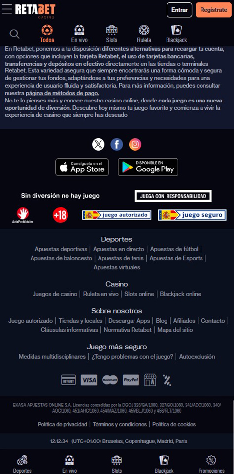 Sección de formas de pago en el casino Retabet.