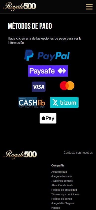 Sección de formas de pago en el casino Royale500.