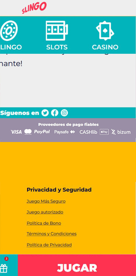 Sección de formas de pago en el casino Slingo.