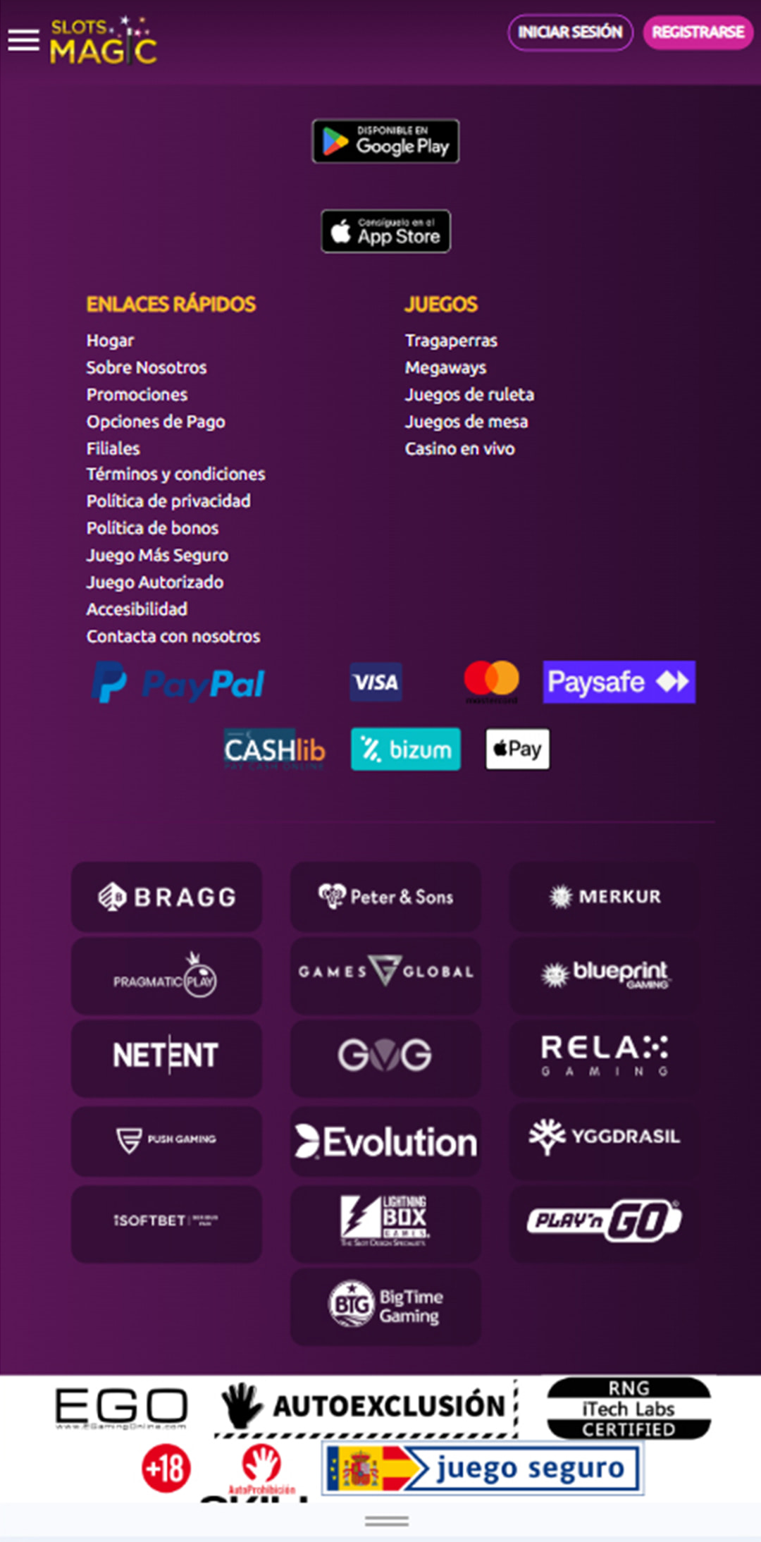 Sección de formas de pago en el casino SlotsMagic.