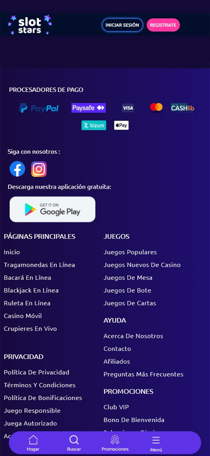 Sección de formas de pago en el casino SlotStars.